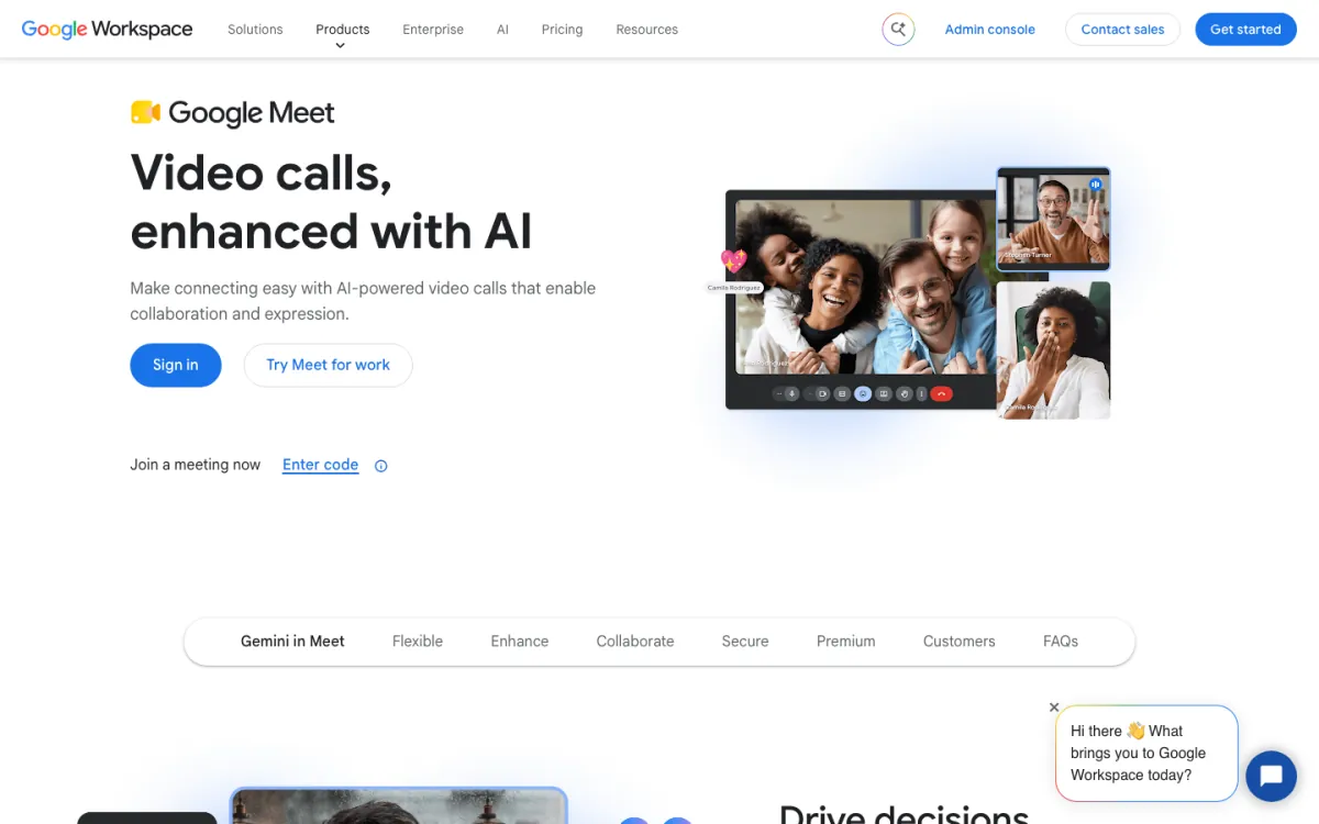 Google Meet page on Google Workspace in October 2026: "Video calls, enhanced with AI", with Sign in and Try Meet for work buttons