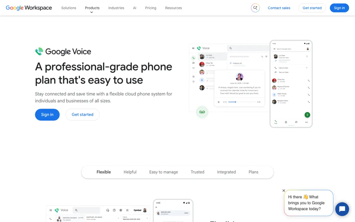 Google Voice page in October 2026 (voice.google.com/about redirects to Google Workspace): "A professional-grade phone plan that's easy to use"