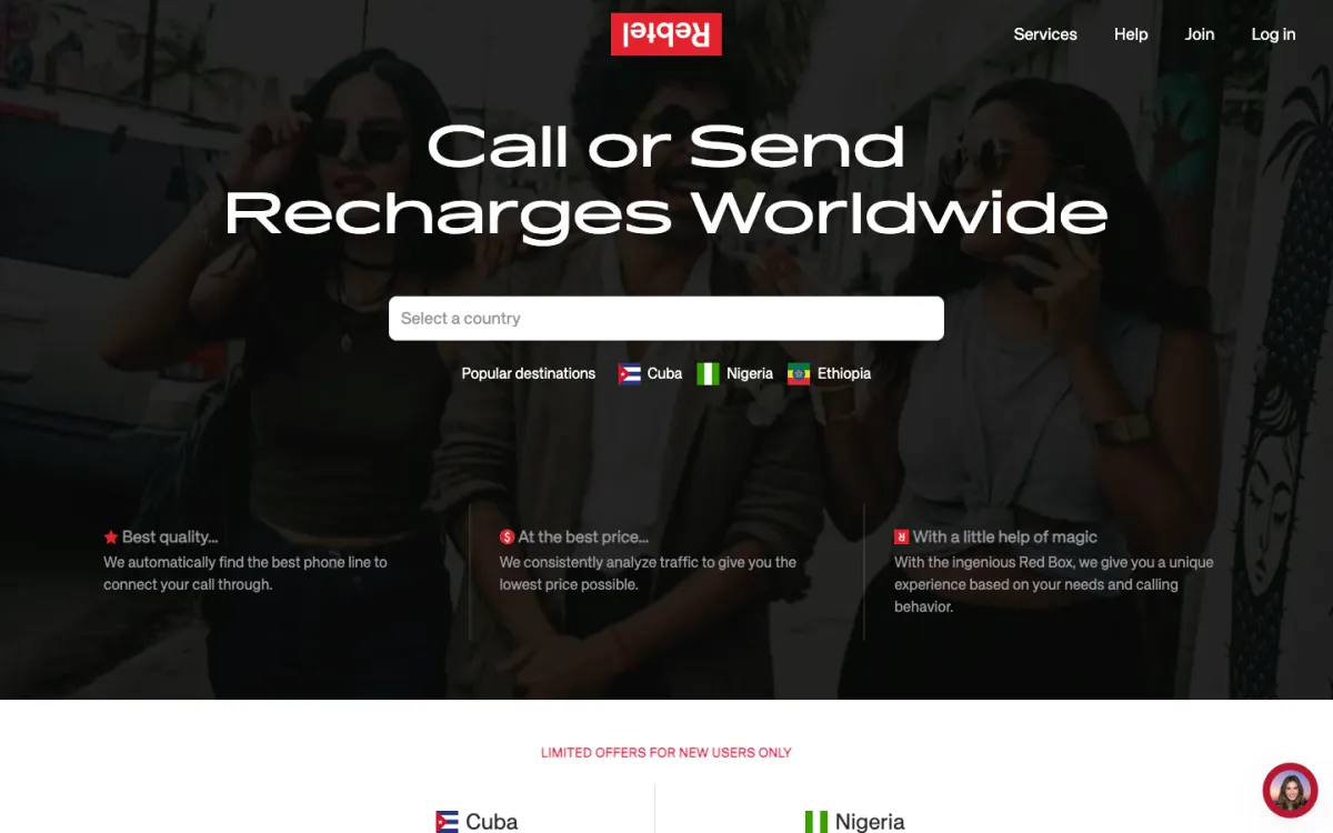 Rebtel homepage in October 2026: "Call or Send Recharges Worldwide" with a country picker and popular destinations Cuba, Nigeria and Ethiopia