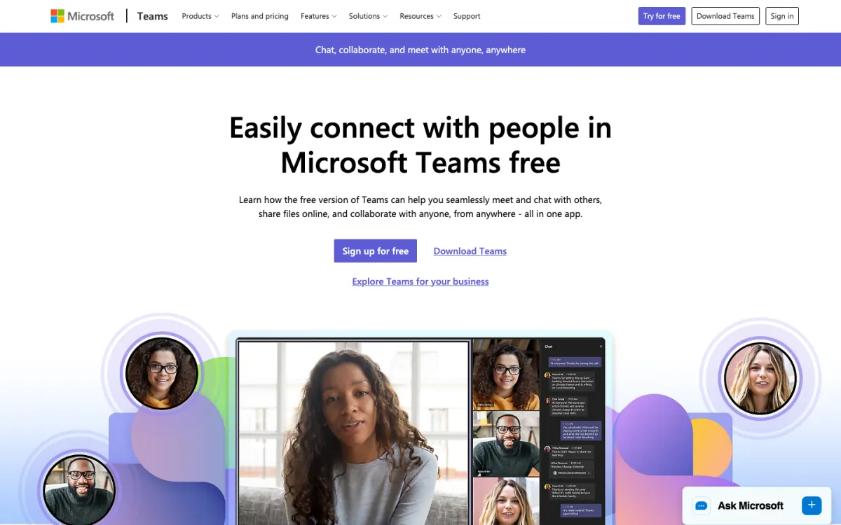 Microsoft Teams (free) page in October 2026: "Easily connect with people in Microsoft Teams free" with a Sign up for free button and a group video call