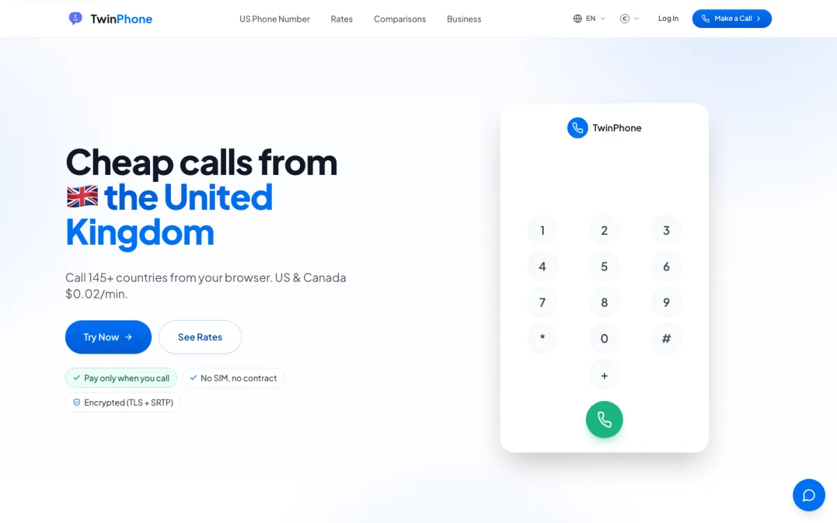 TwinPhone homepage in October 2026: "Cheap calls from the United Kingdom" headline, a browser dial pad and US & Canada calls from $0.02/min