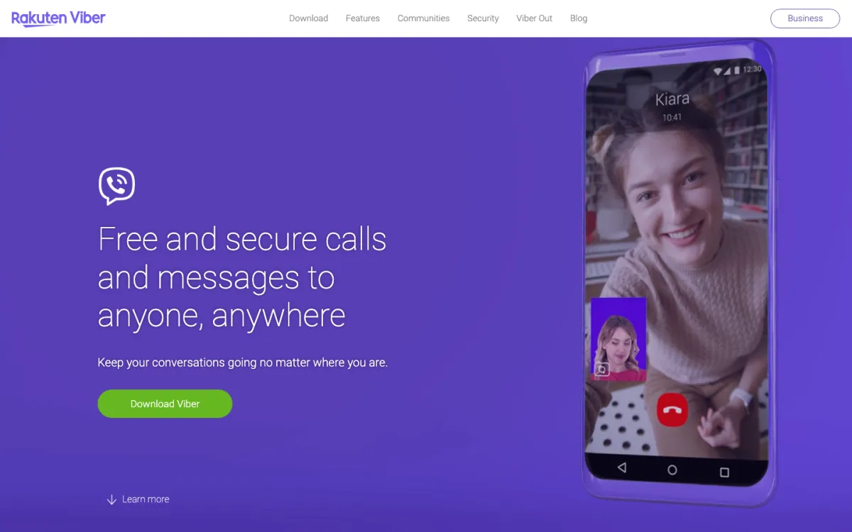 Rakuten Viber homepage in October 2026: "Free and secure calls and messages to anyone, anywhere" with a Download Viber button